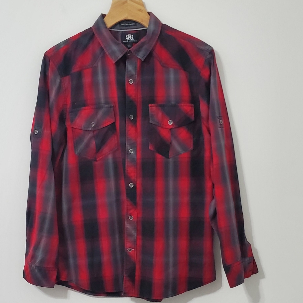 Rock & Republic Red Black Plaid Button Down Shirt Large - Picture 2 of 9
